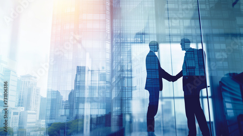 Double-exposure view of two businesspeople shaking hands in a glass office building