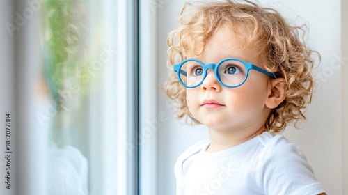 Young child wearing blue glasses and looking through a window