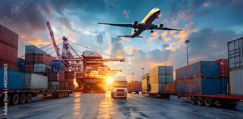Global trade scene with shipping containers, trucks, cranes, and a cargo aircraft