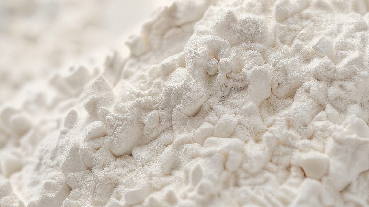 Fine white diatomaceous earth powder with a porous texture in natural light