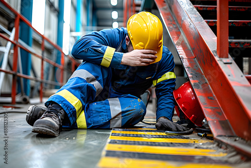 Worker in protective clothing sitting beside industrial equipment and holding his head