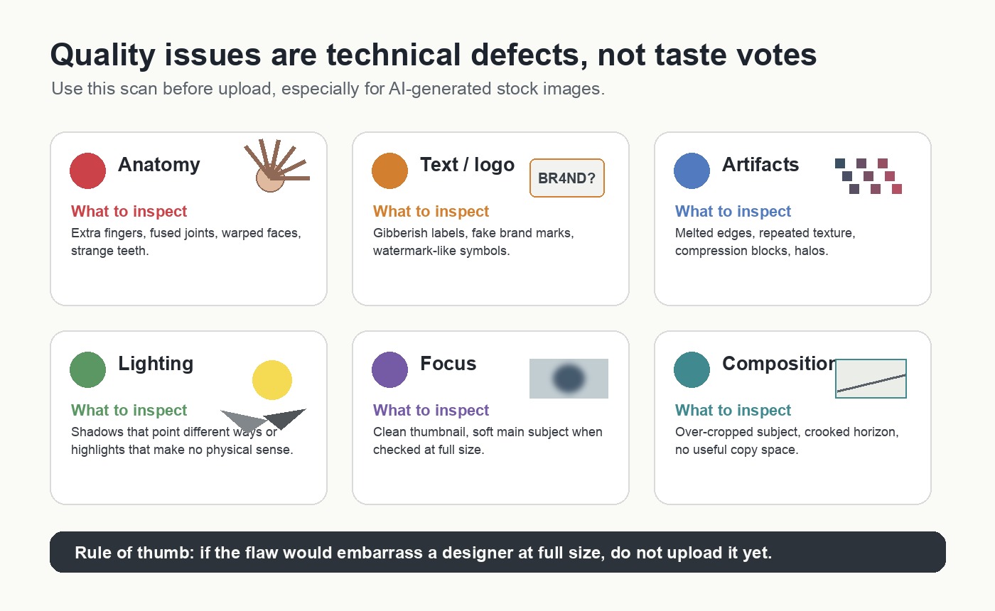 Common AI image quality defects to inspect before Adobe Stock upload: anatomy, text, artifacts, lighting, focus, and composition