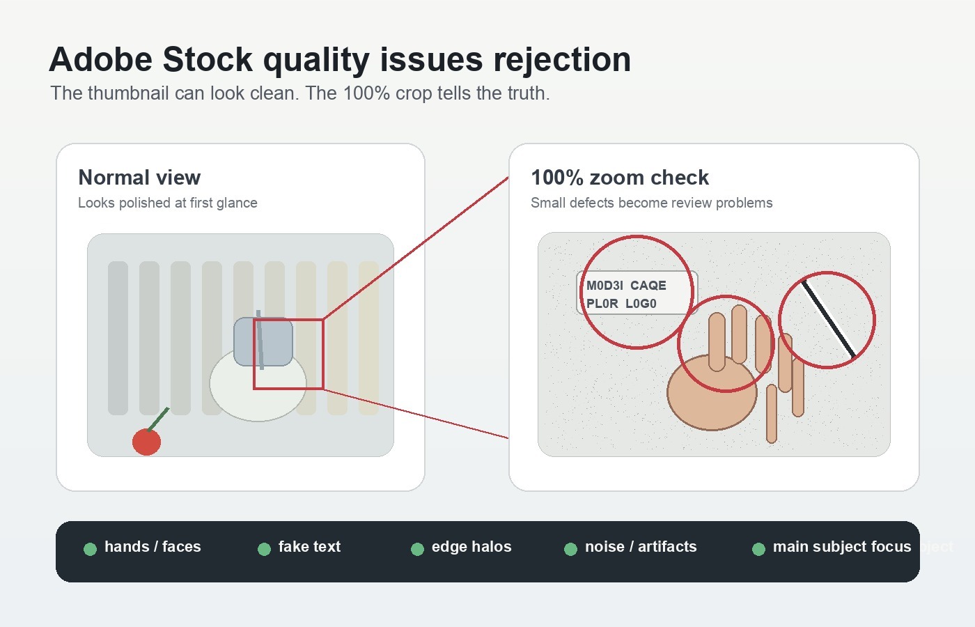 Adobe Stock quality issues rejection 100% zoom check illustration for AI image artifacts, fake text, hands, edge halos, and noise
