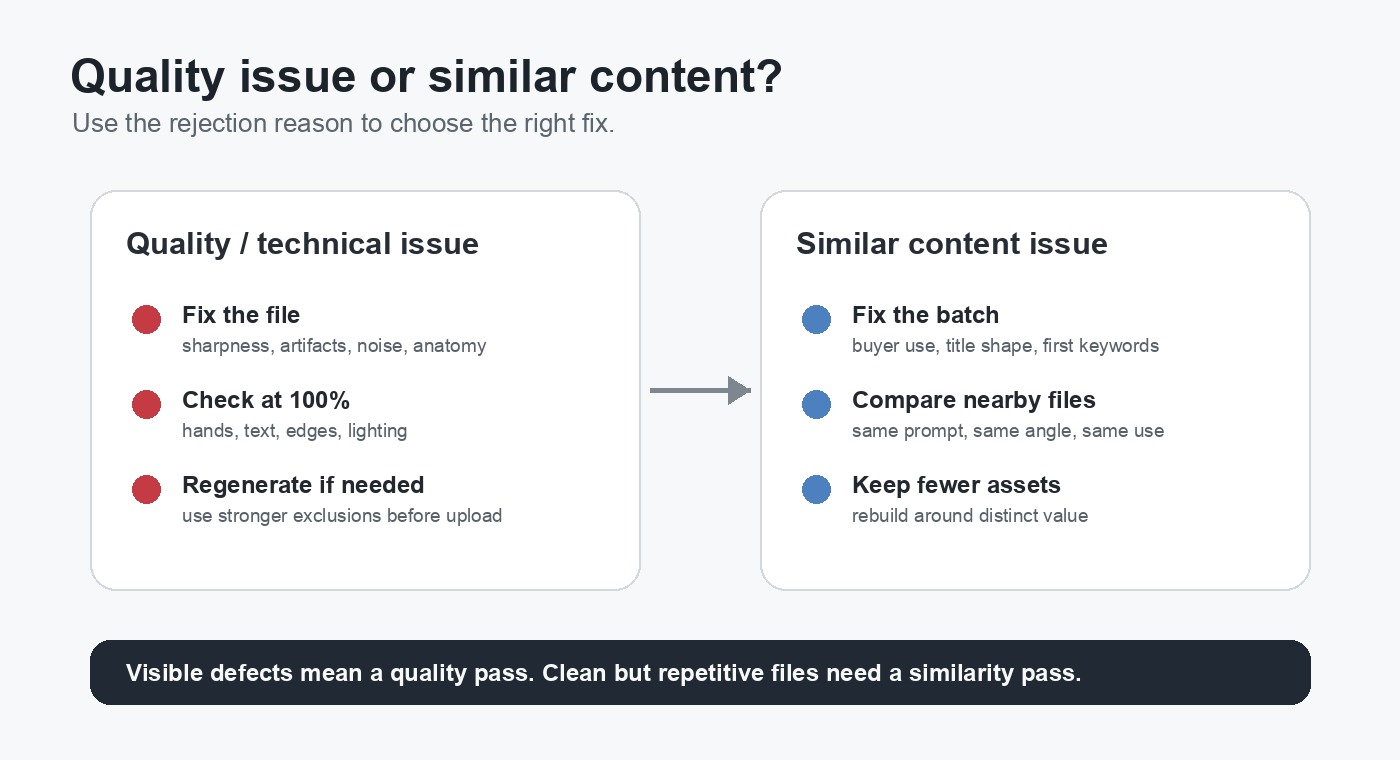 Decision chart comparing Adobe Stock quality issue rejection with similar content rejection for AI image batches