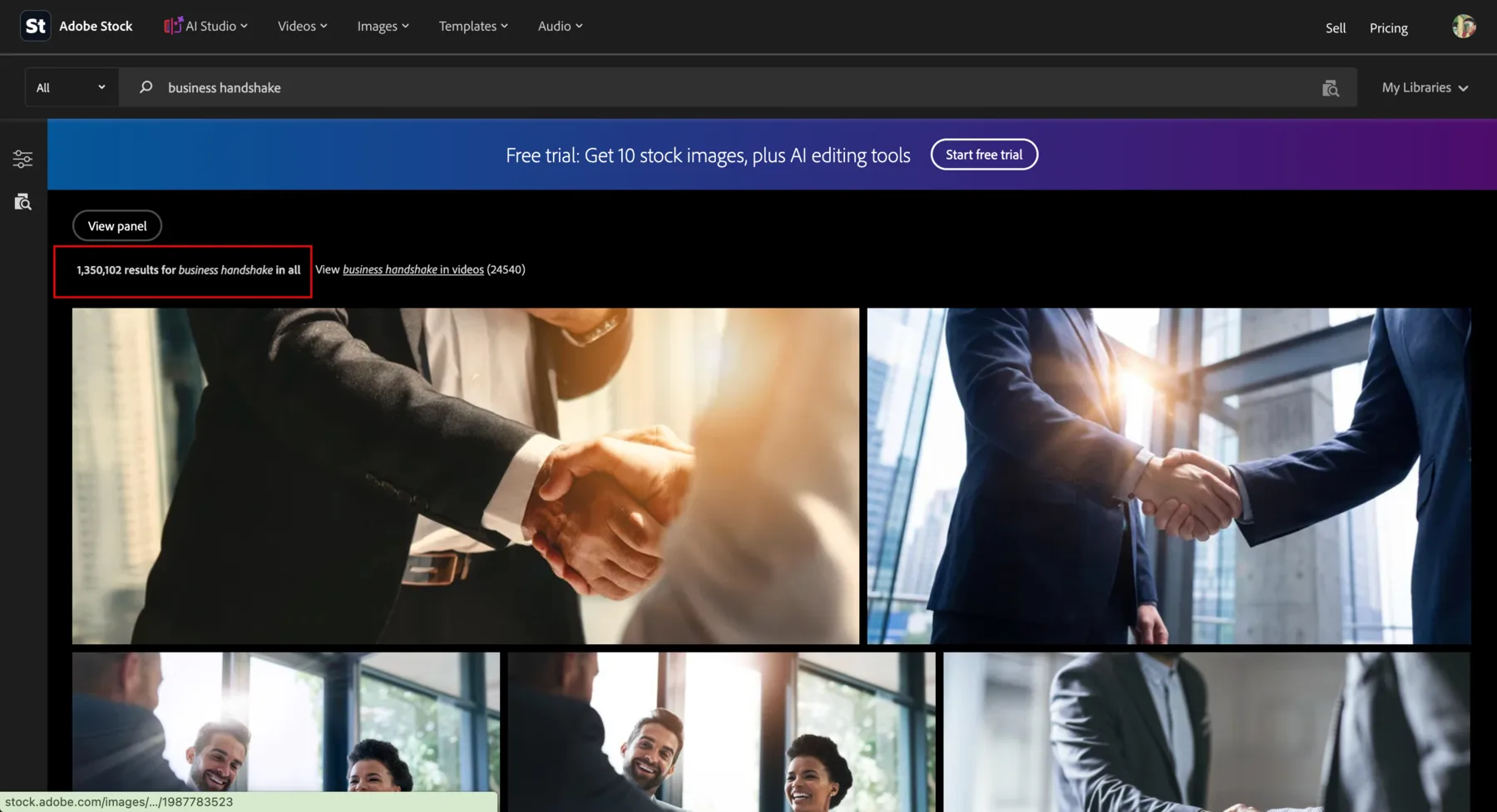 Adobe Stock search page showing about 1.35 million results for business handshake