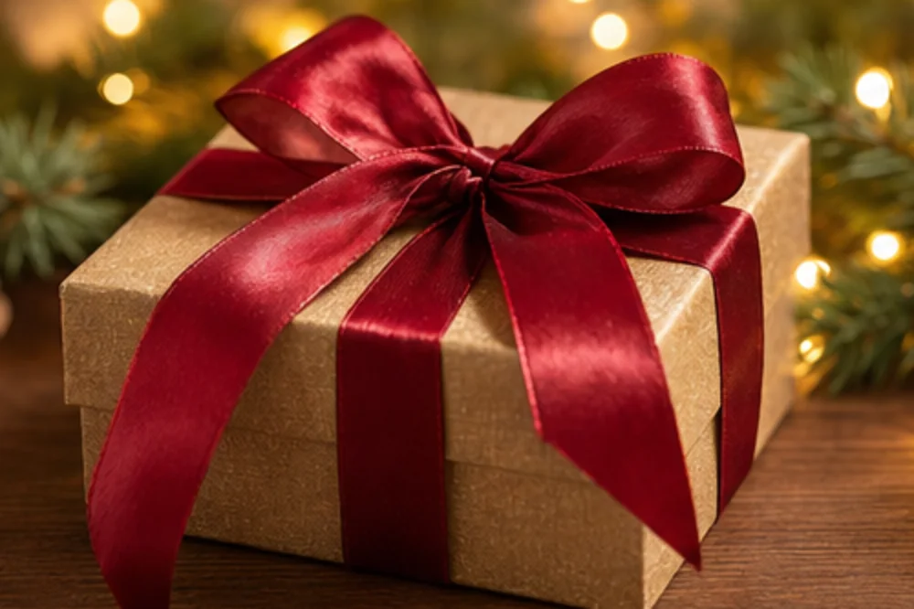 Gift box tied with a red ribbon in front of holiday lights