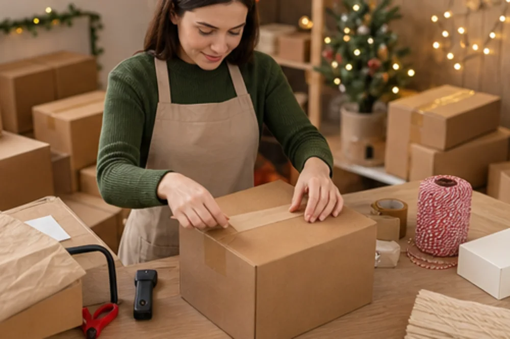 Small-business owner packing several holiday customer orders at a worktable