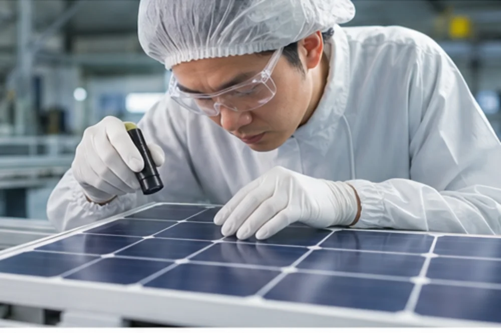 Technician in protective equipment inspecting photovoltaic cells in a factory