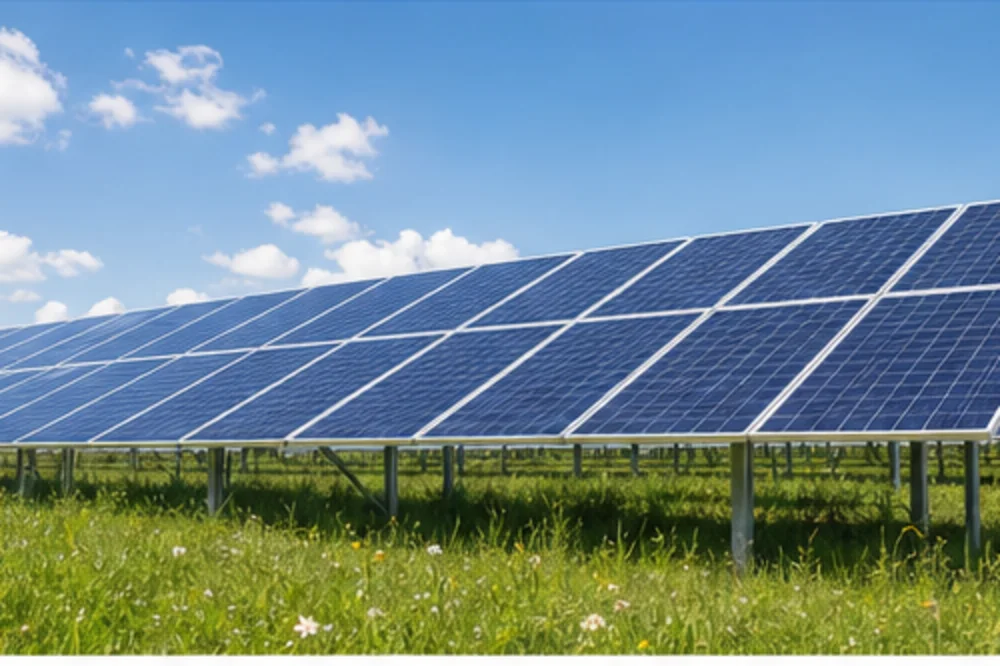 Rows of solar panels on grass beneath a blue sky