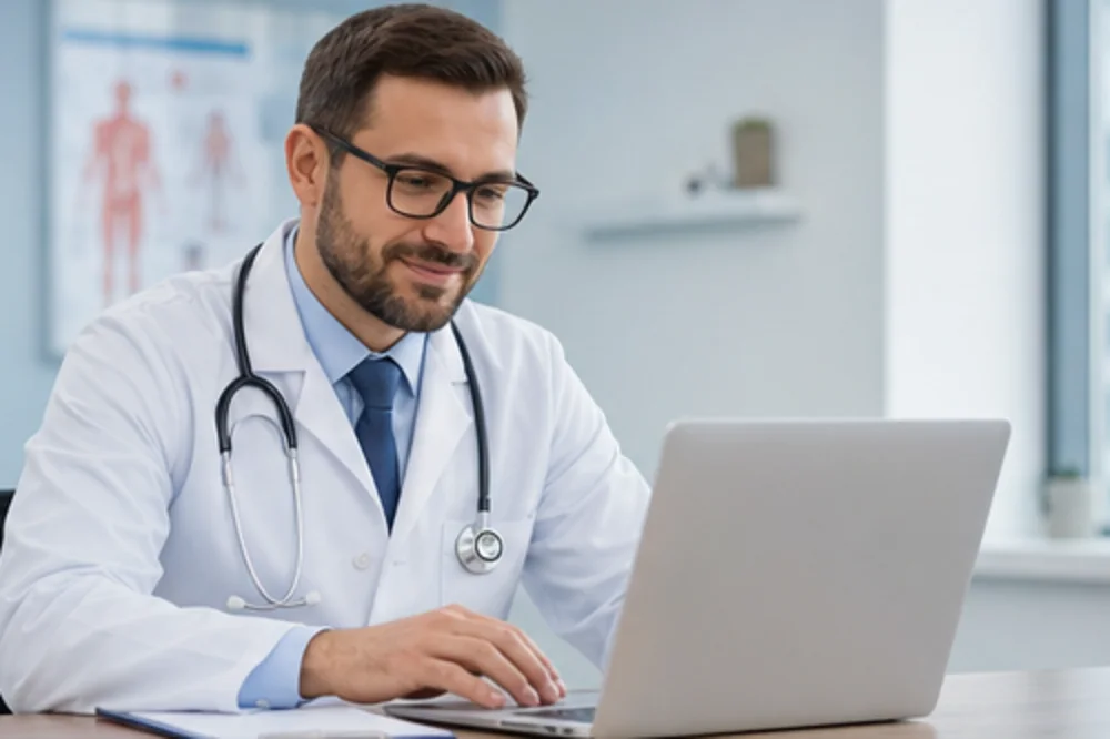 Doctor looking at a laptop in a medical office
