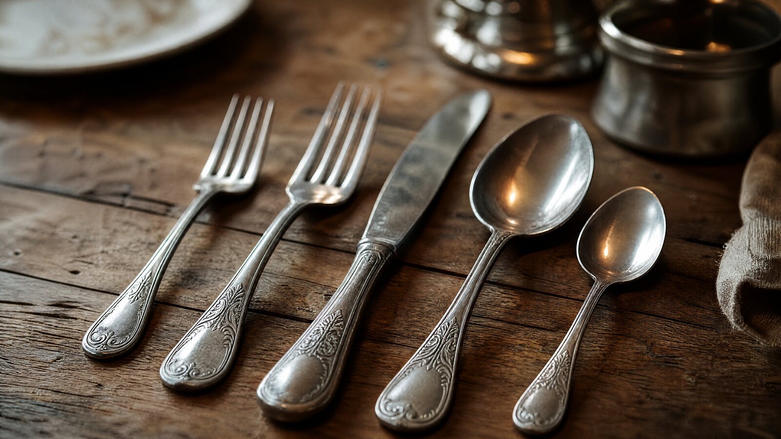 Cutlery on a dining table used to explain Adobe Stock title and first 10 keyword order