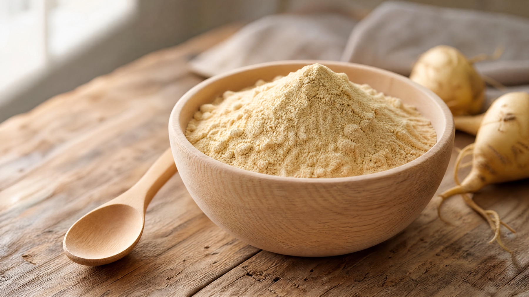 A bowl of pale powder with root vegetables on a wooden table, used to explain metadata checks before submitting AI stock images