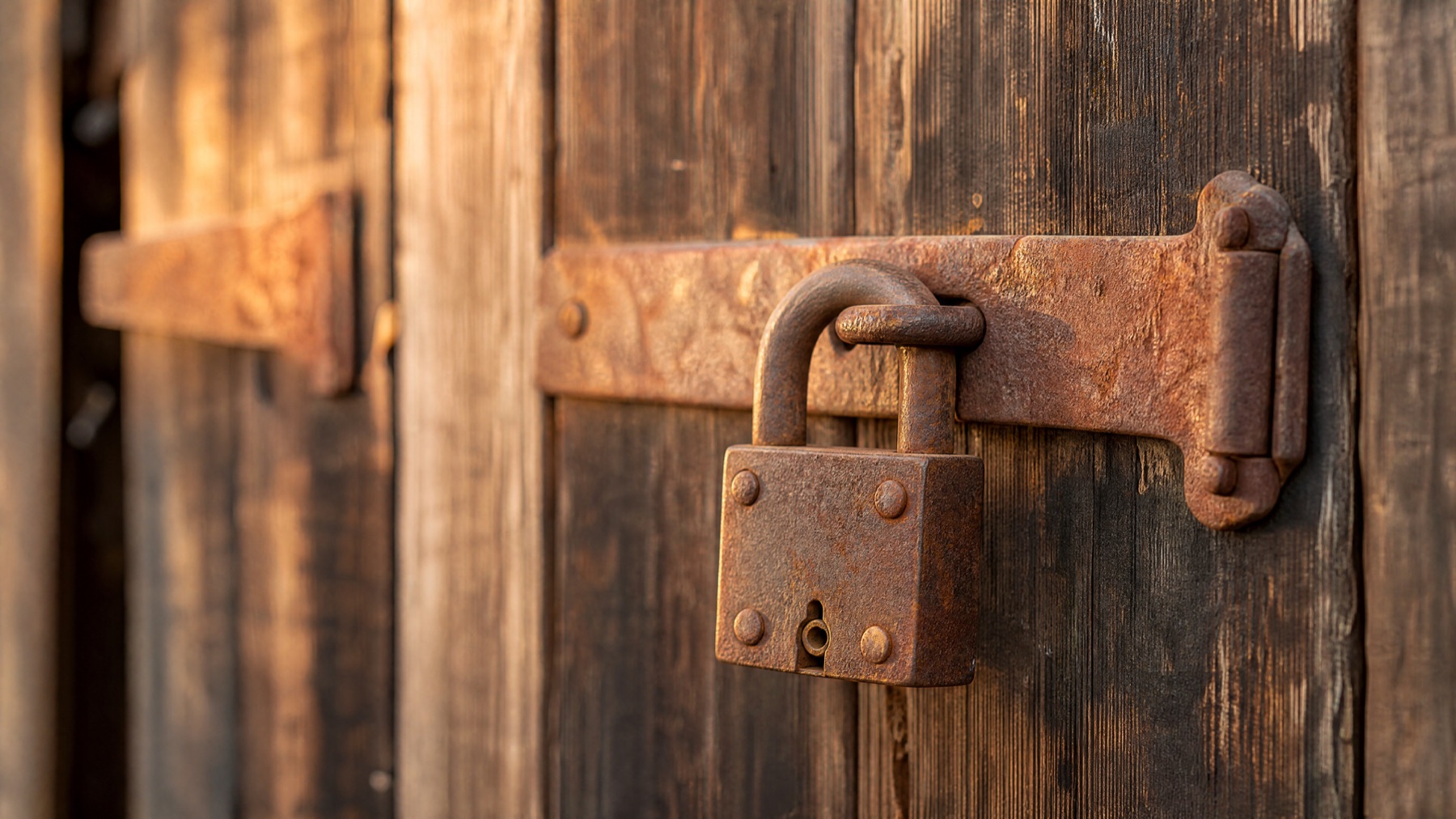 A rusty lock on a wooden door, used to explain rights and licensing checks before submitting AI stock images