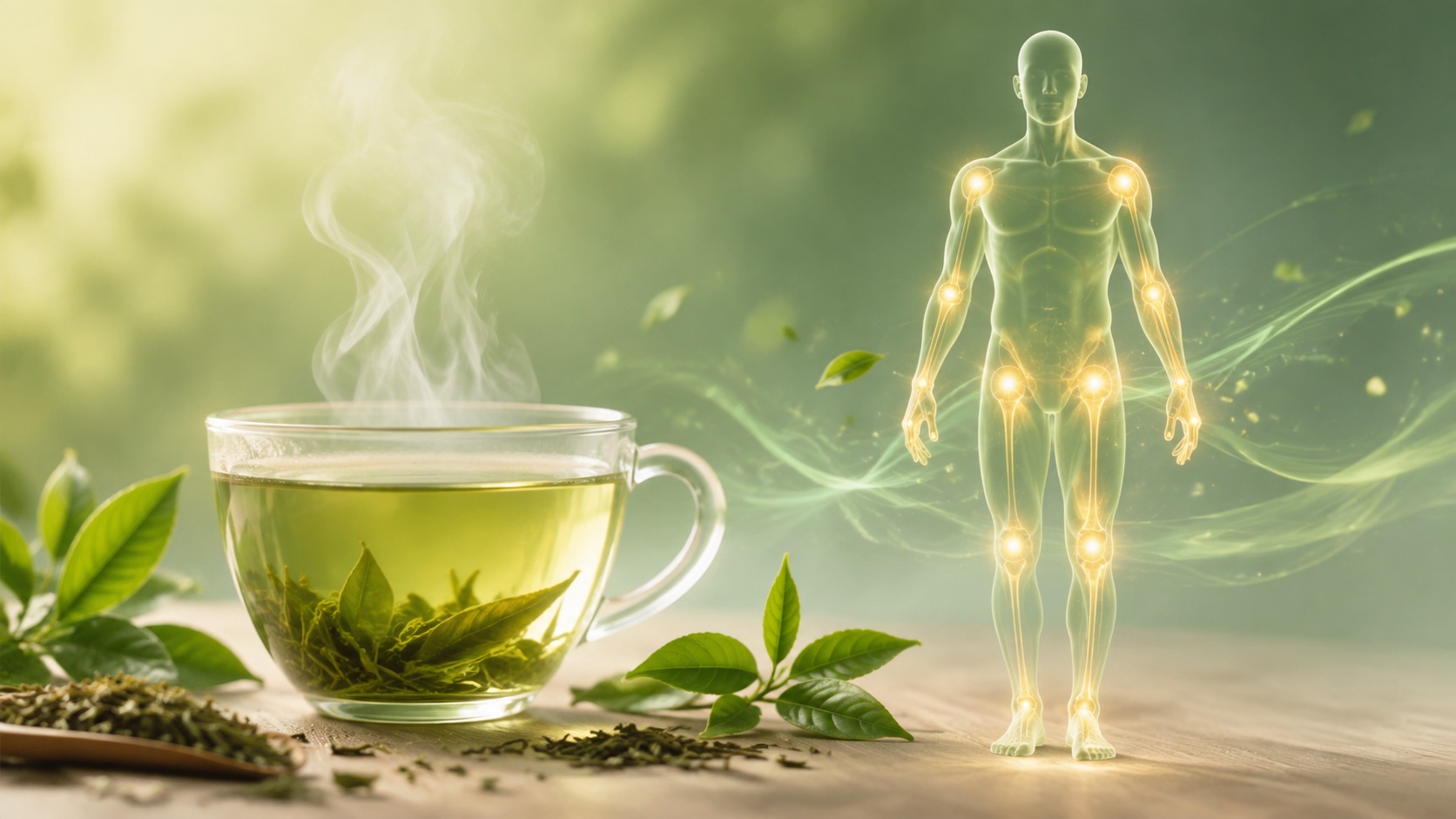 Cup of steaming green tea with translucent human silhouette and glowing joints, calm body energy concept