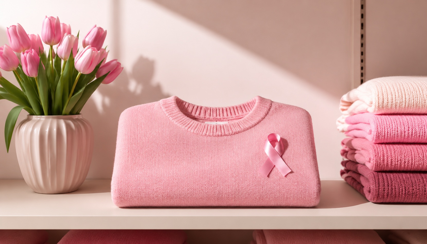 Folded pink sweater with tulips and ribbon pin on retail shelf sample image