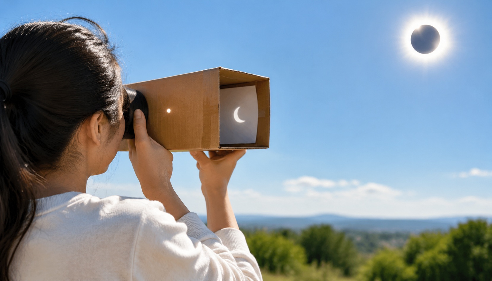Person using cardboard pinhole projector to view solar eclipse sample image