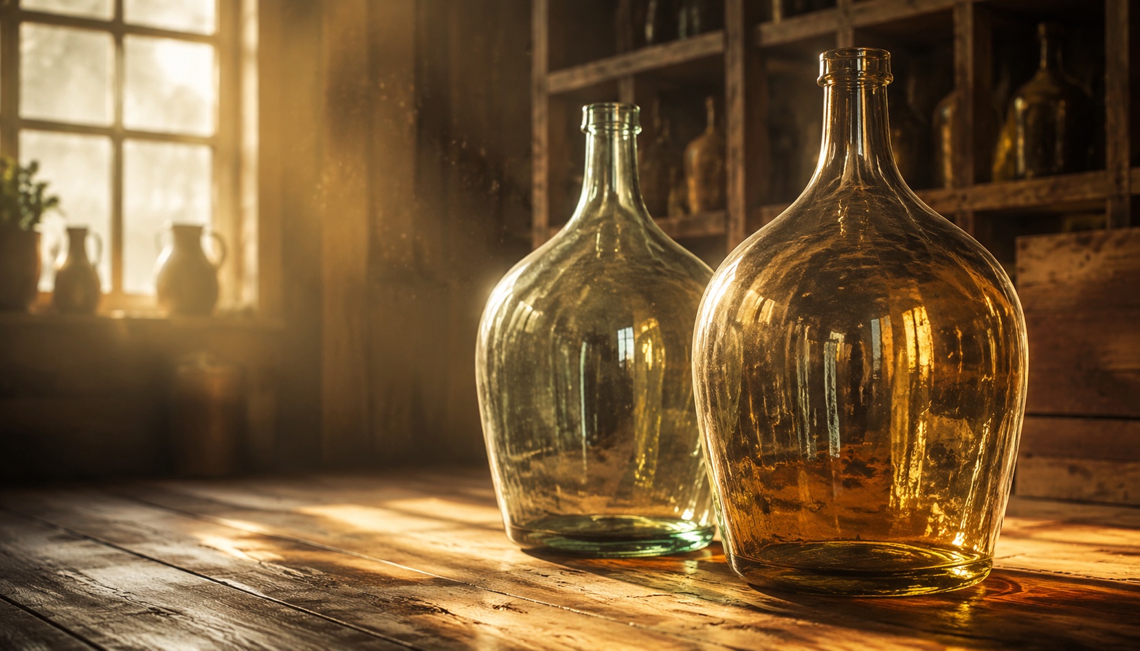Two large glass carboys on wooden sample image