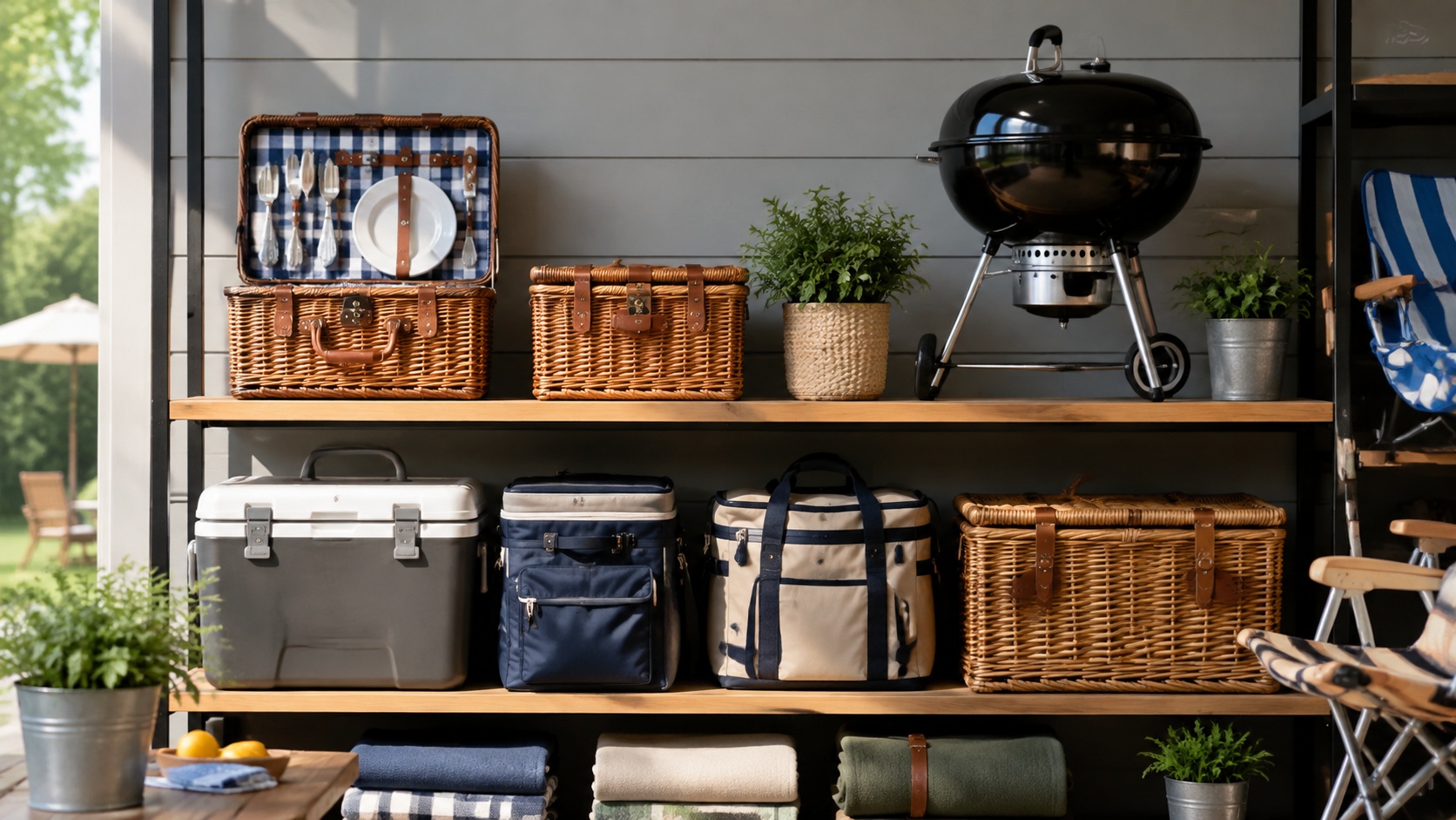 Picnic basket, cooler, and grill on retail shelf, Labor Day sample image