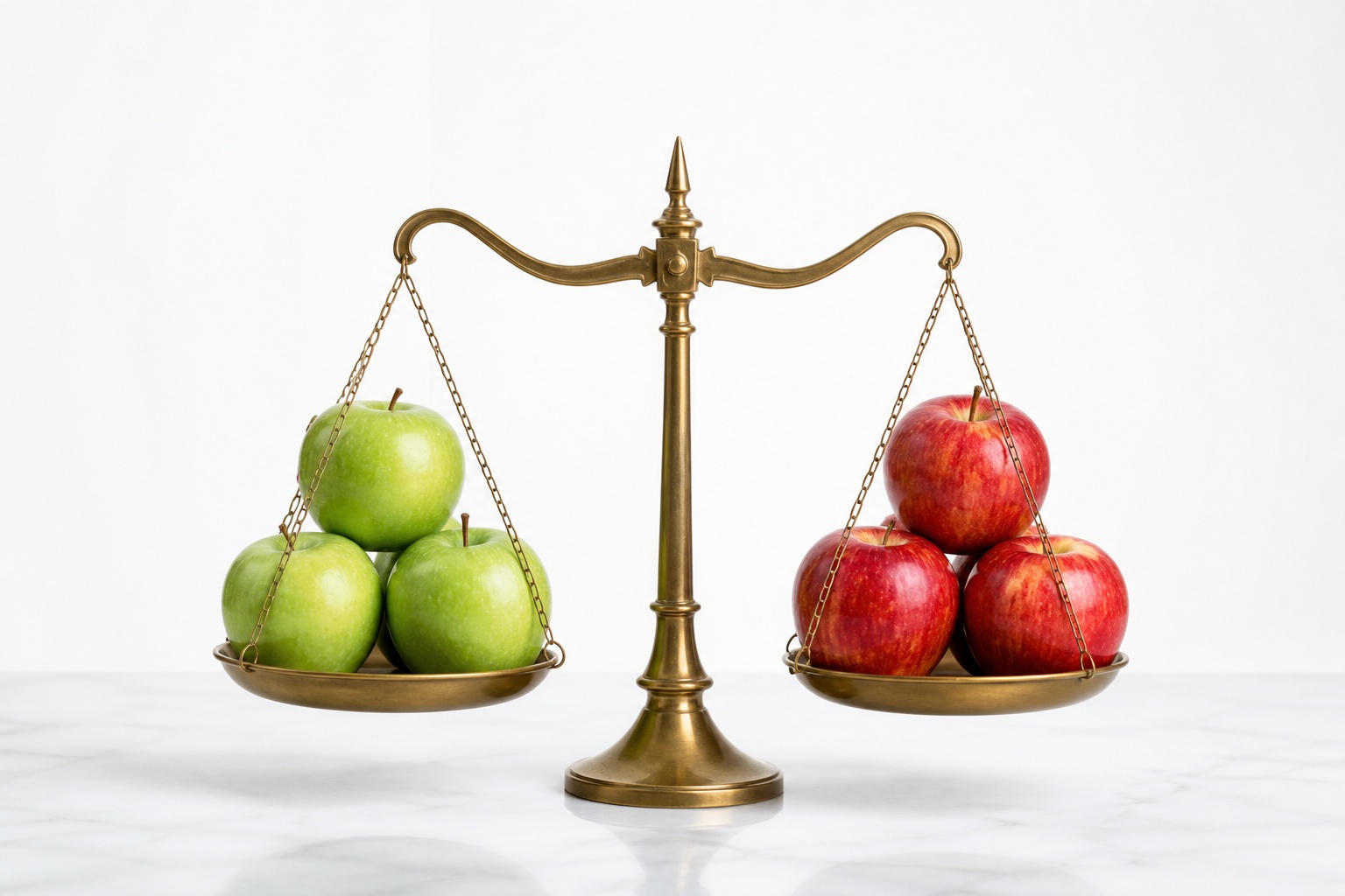 Green apples vs red apples with brass balance scale sample image