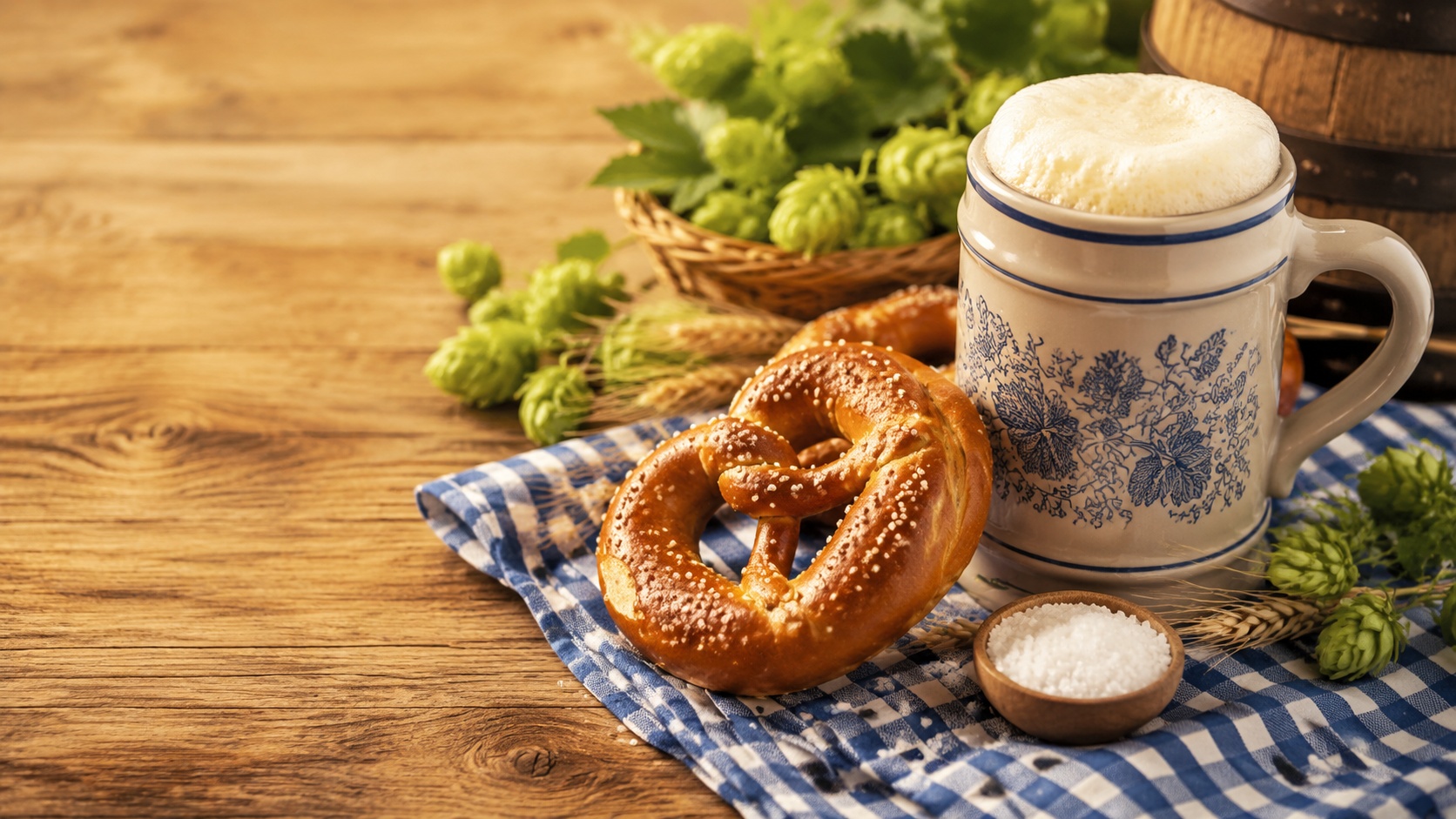 Pretzel, beer stein, hop flowers, sample image