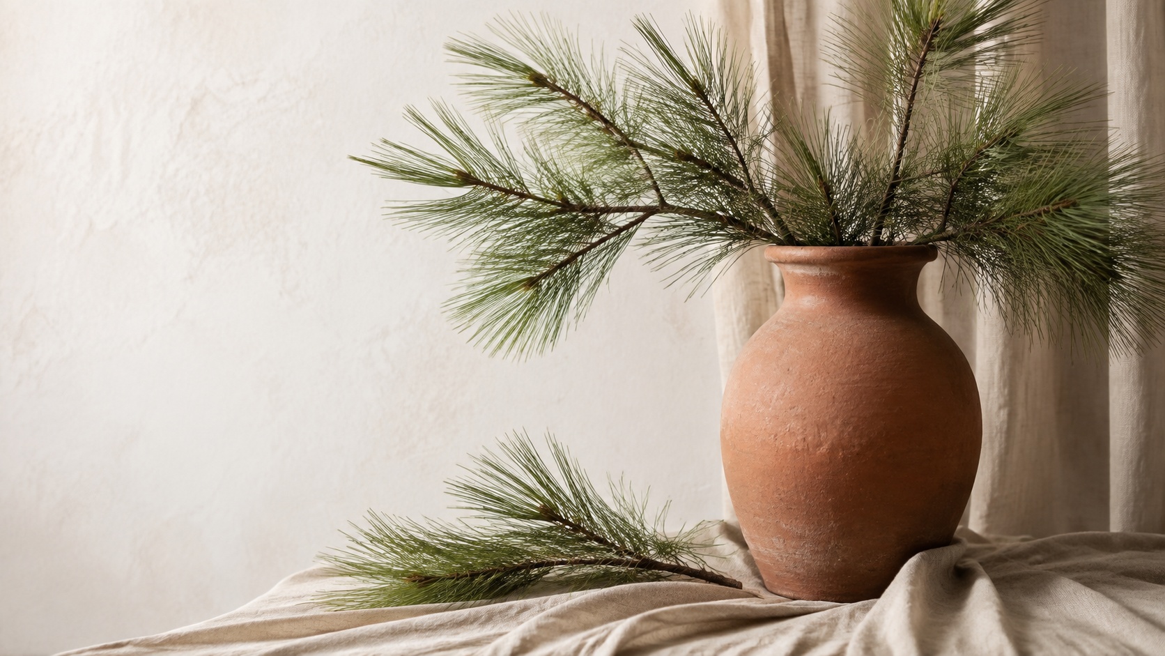 Longleaf pine branches with terracotta urn on linen cloth sample image