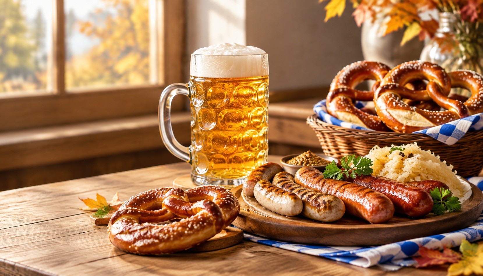 Beer stein and pretzels with sausage platter, calm autumn food sample image