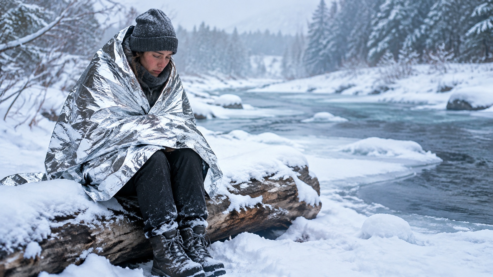 Person in emergency blanket sitting on snowy log sample image