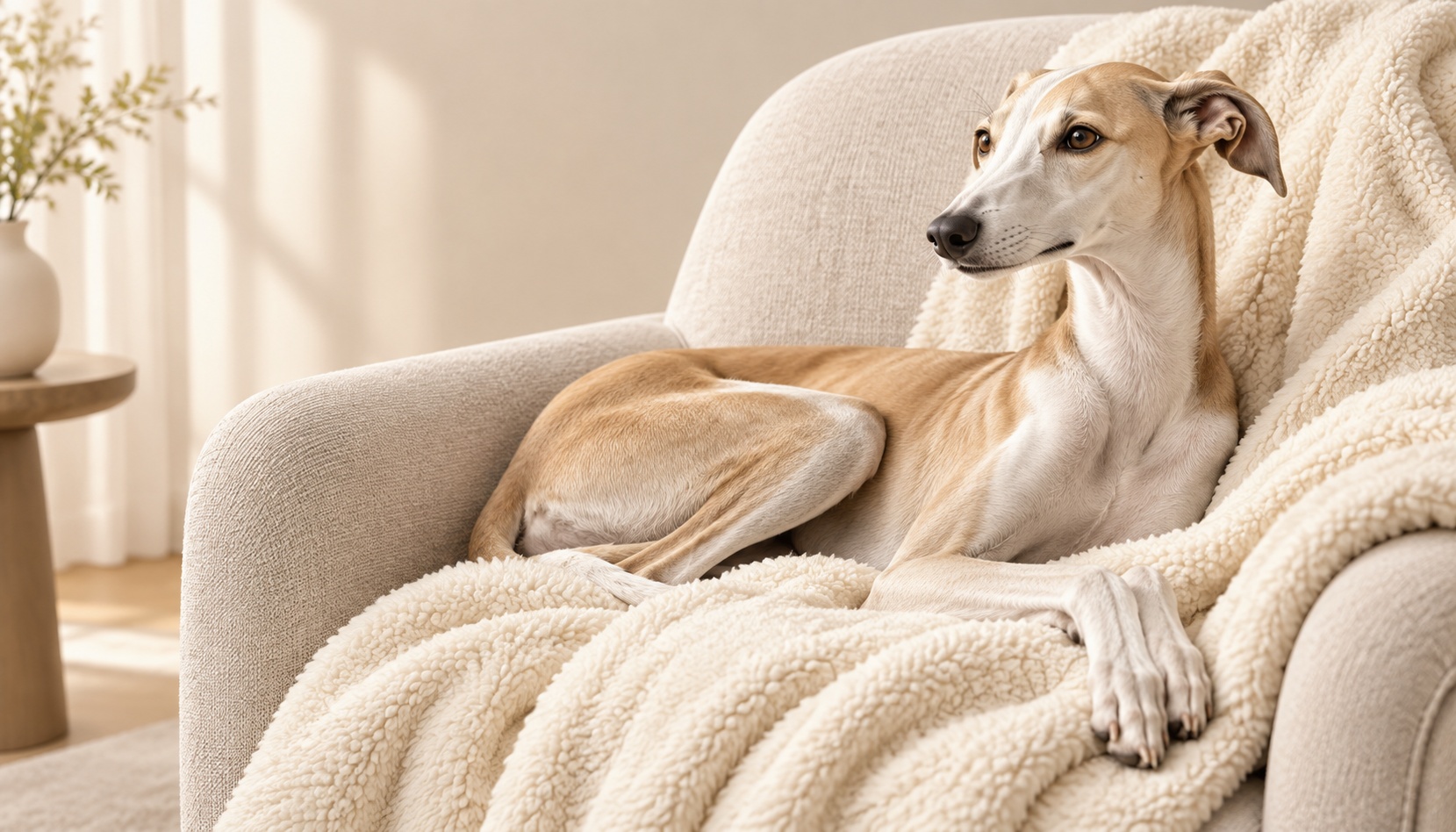 Slender dog resting on cream blanket on armchair, elegant pet sample image