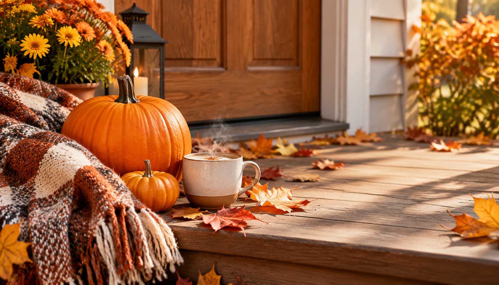 Autumn doorstep with maple leaves, pumpkin, blanket and coffee sample image