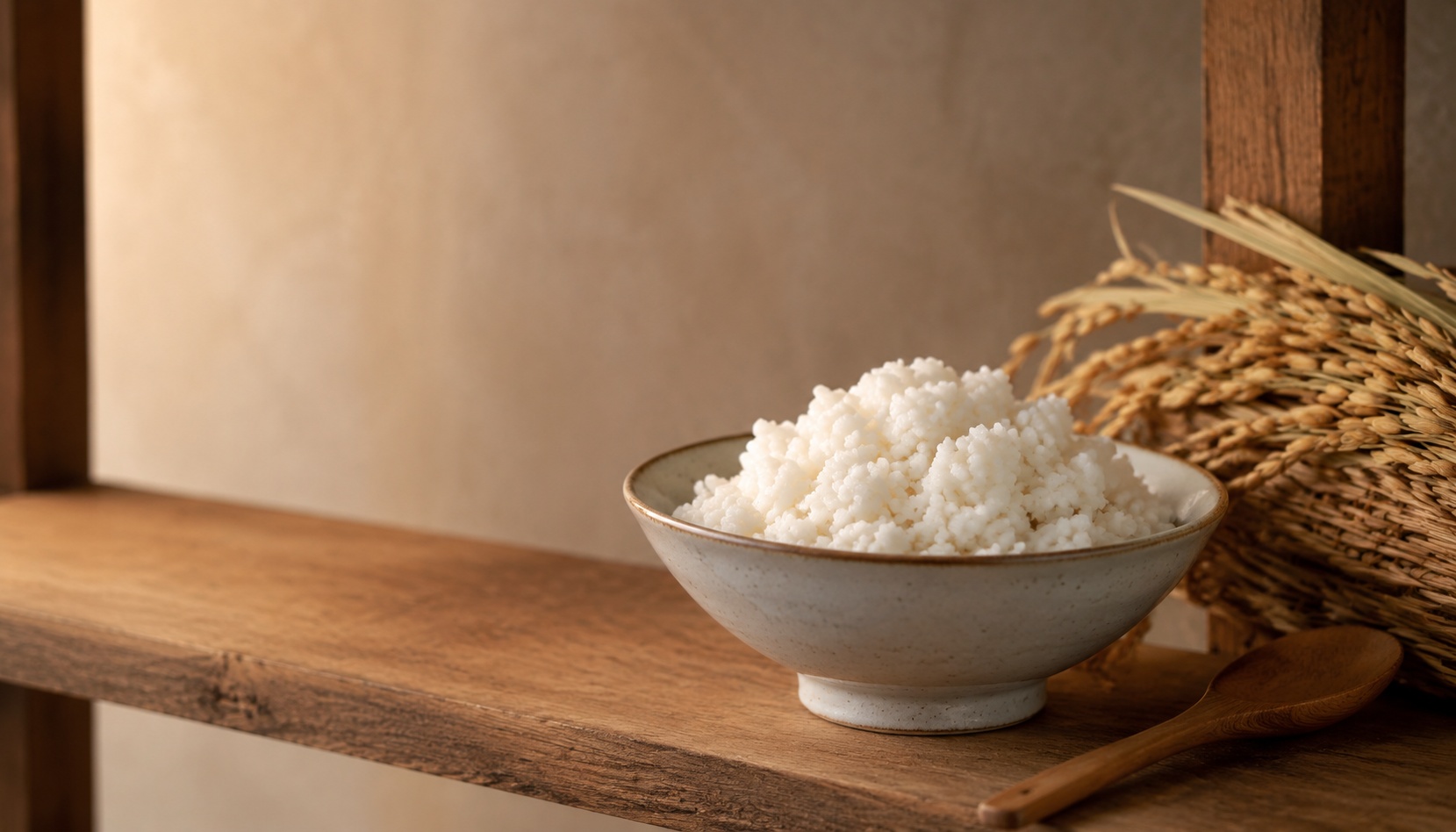 Ceramic bowl of koji rice on wooden shelf with rice straw sample image