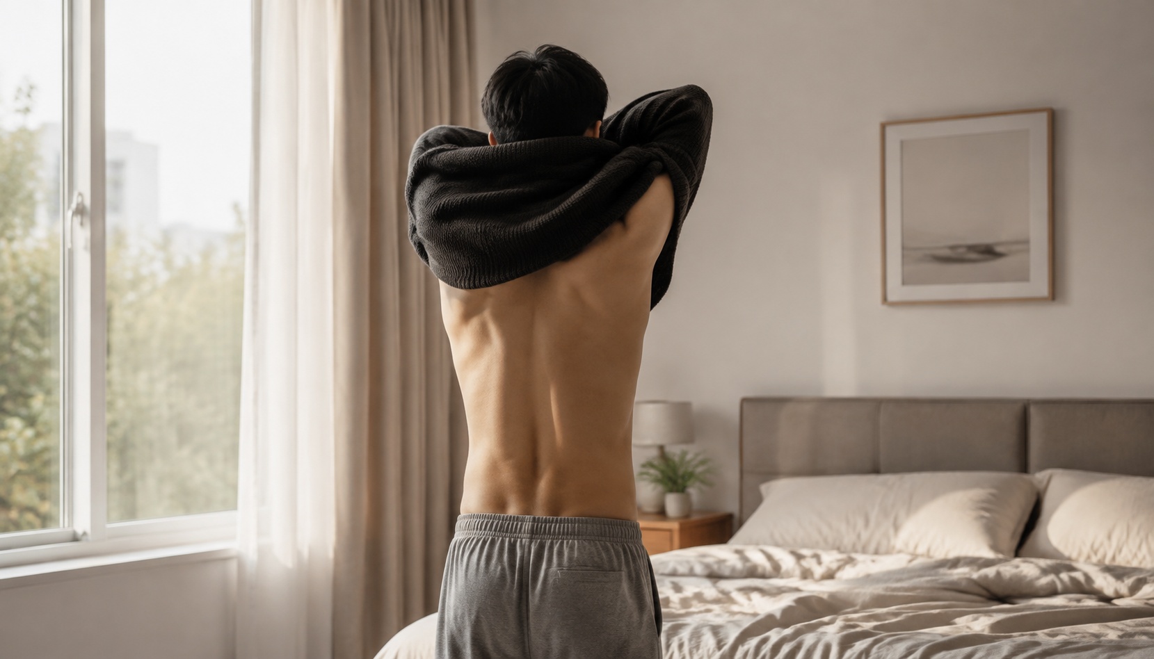 Rear view of person taking off dark sweater sample image