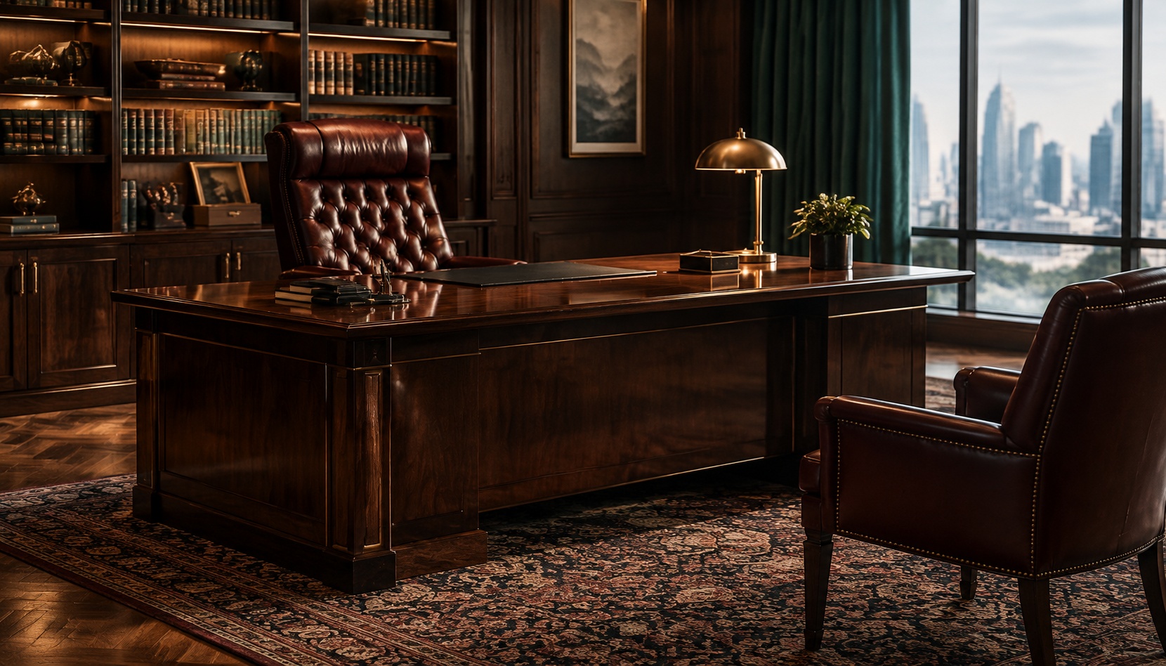 Executive office with dark desk and leather chair, business and luxury concept