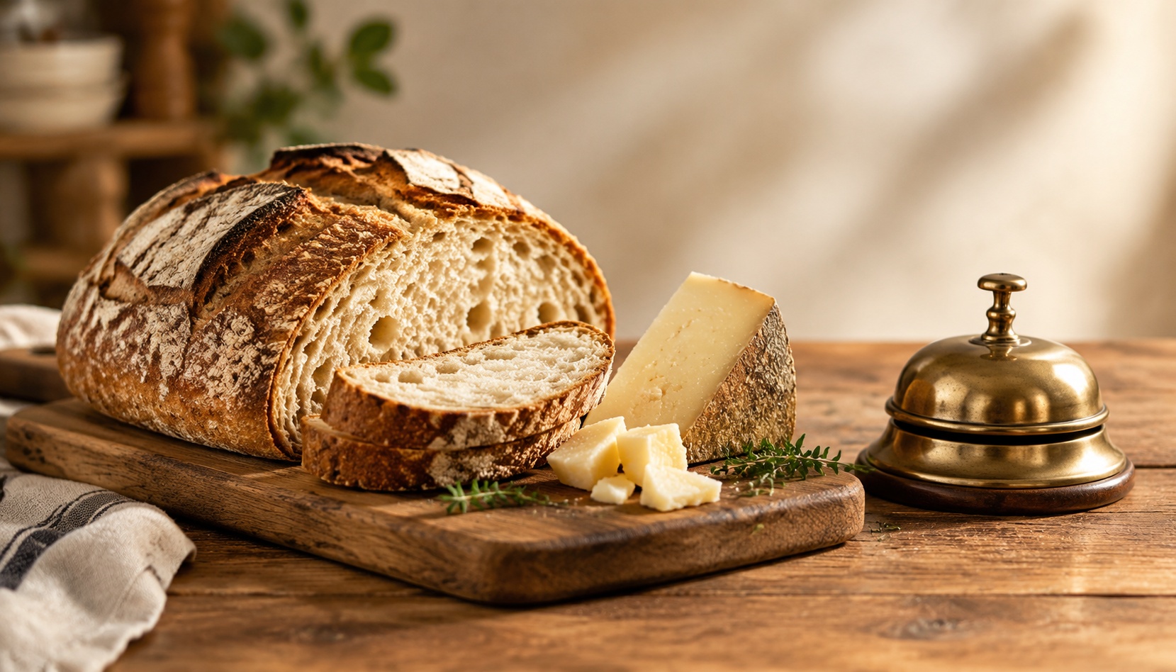 Rustic bread loaf with cheese and brass bell sample image
