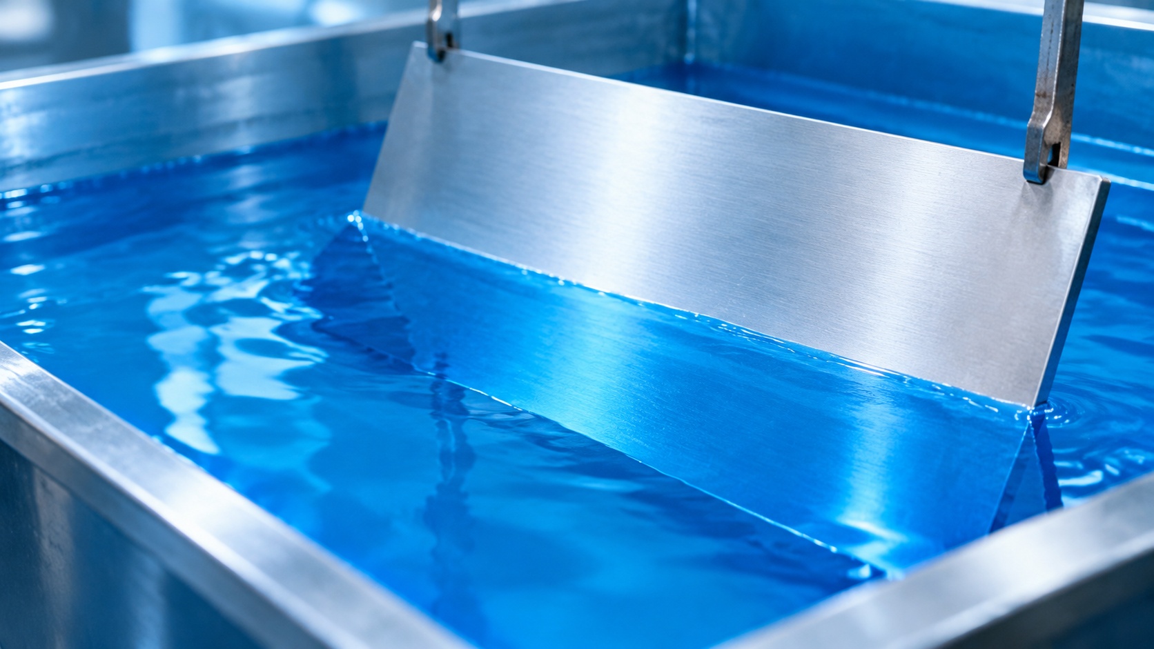 Metal sheet in blue solution bath, industrial coating sample image