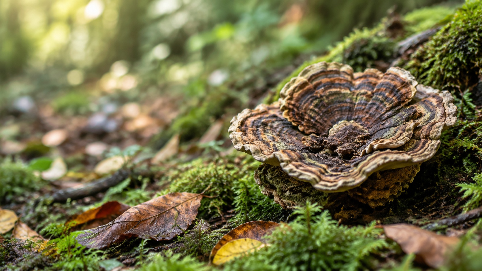 Textured fungus on forest floor with moss and leaves sample image