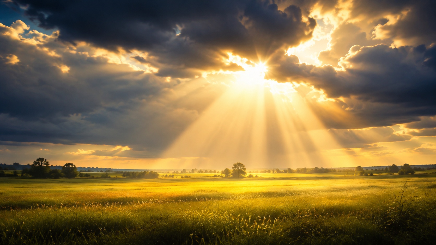 Sun rays piercing dark clouds over a peaceful field, providence and hope concept