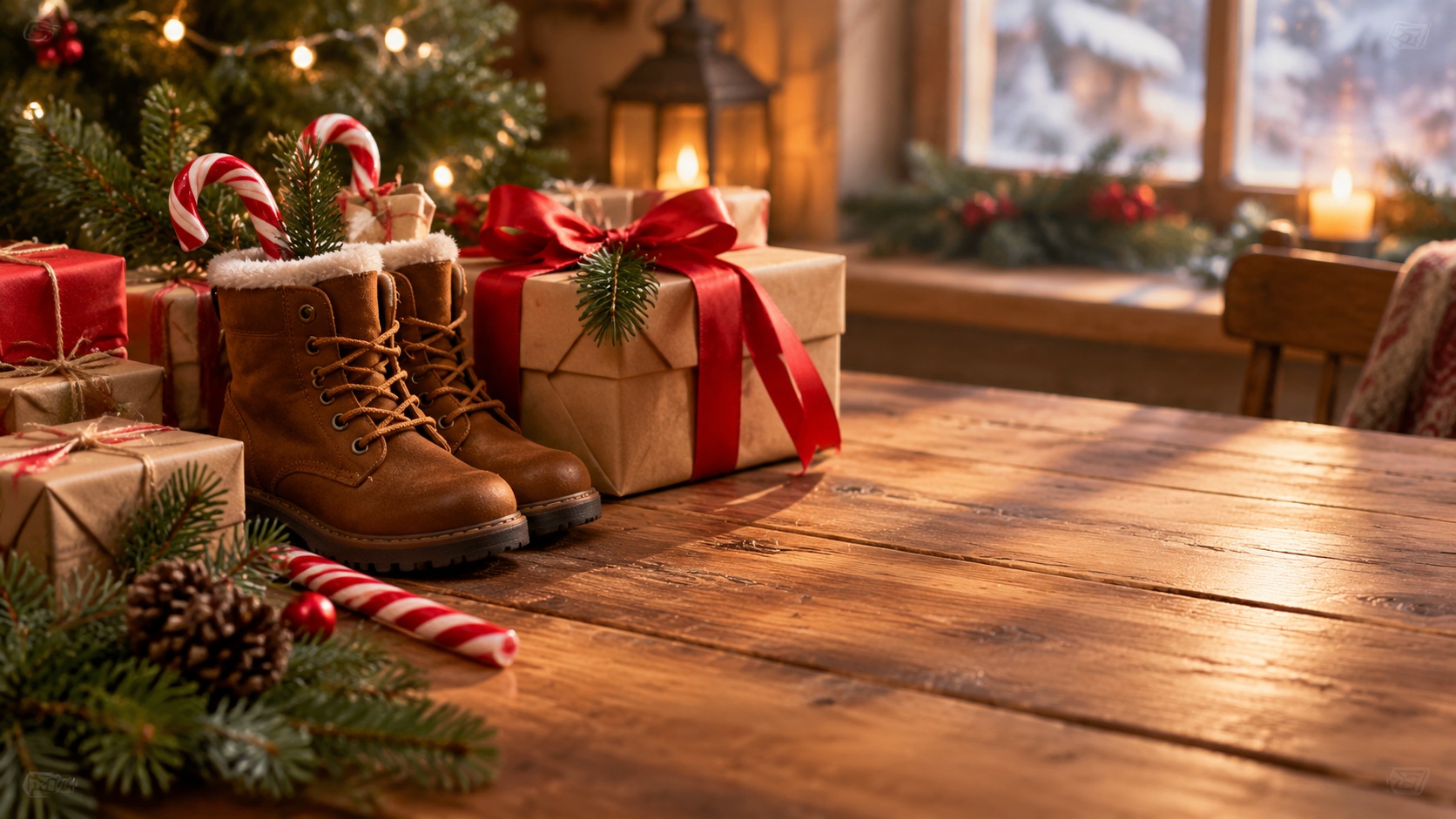 Wooden table with wrapped gifts, boots, candy canes and pine sample image