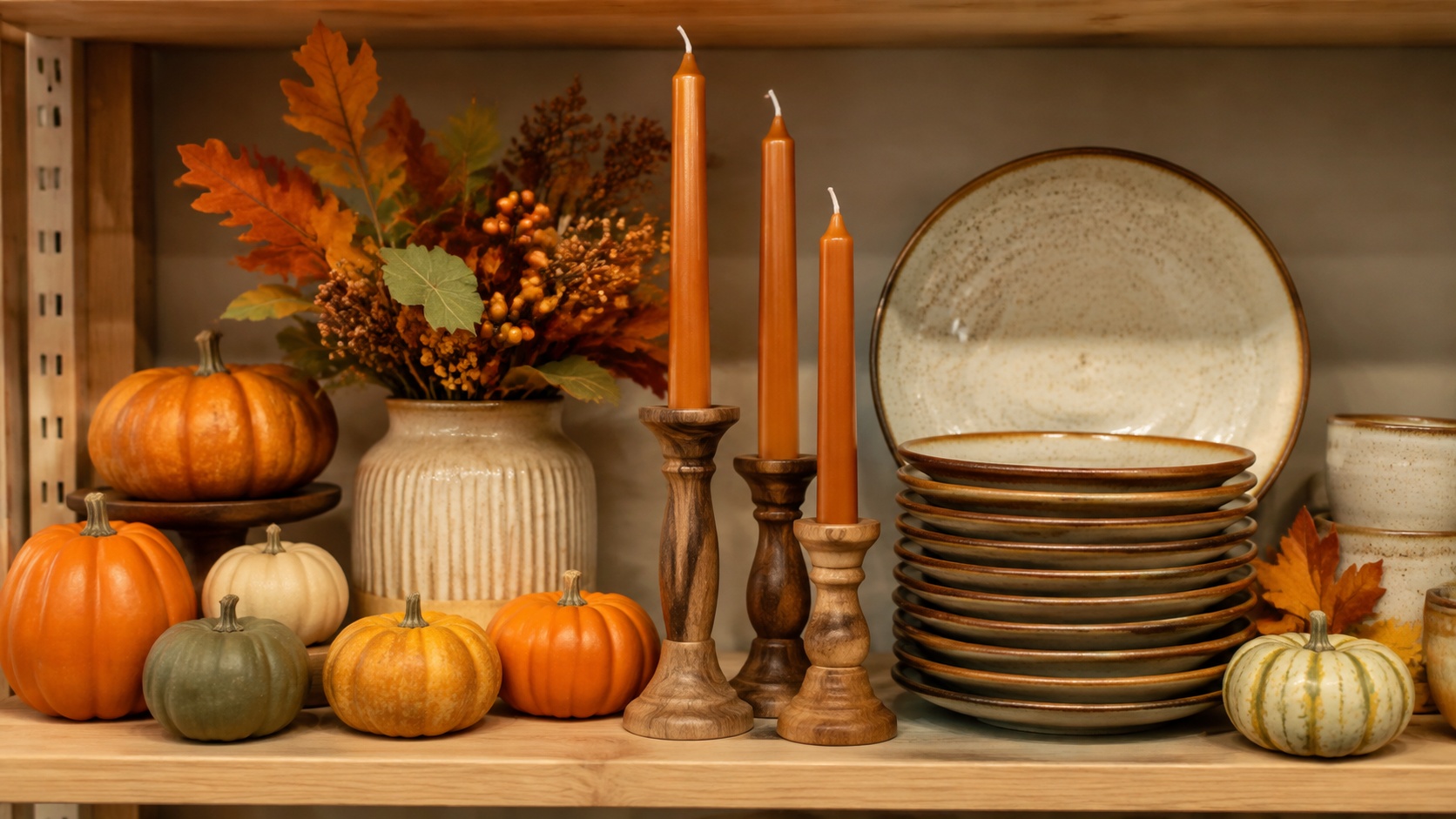 Pumpkins, taper candles and stacked ceramic plates on retail shelf, Thanksgiving tabletop setting concept