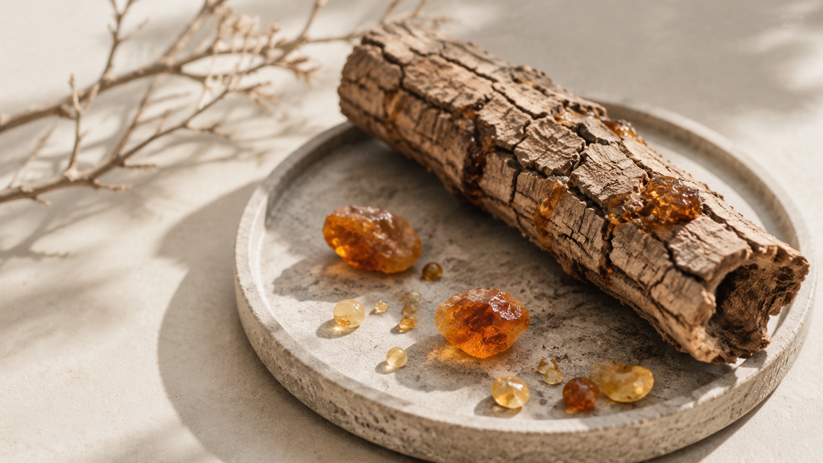 Amber resin and cracked bark on sample image