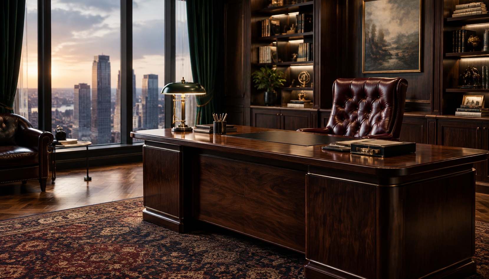 Executive office with dark desk and leather chair sample image