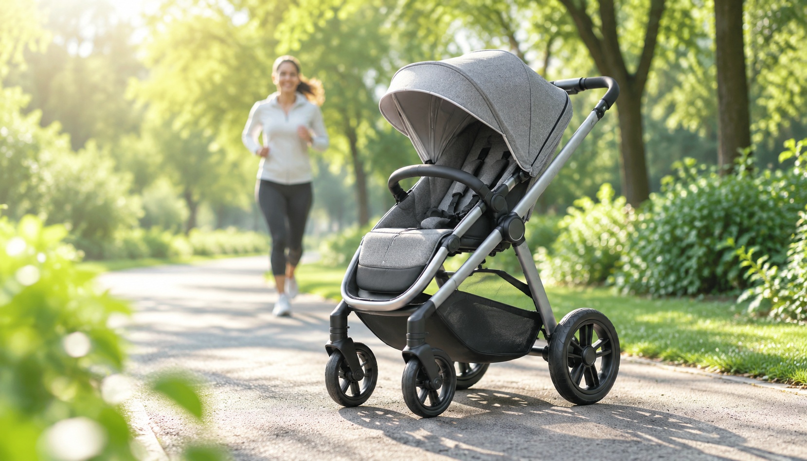 Modern stroller with grey frame and black wheels on sunlit park path, blurred parent jogging behind, green fo…