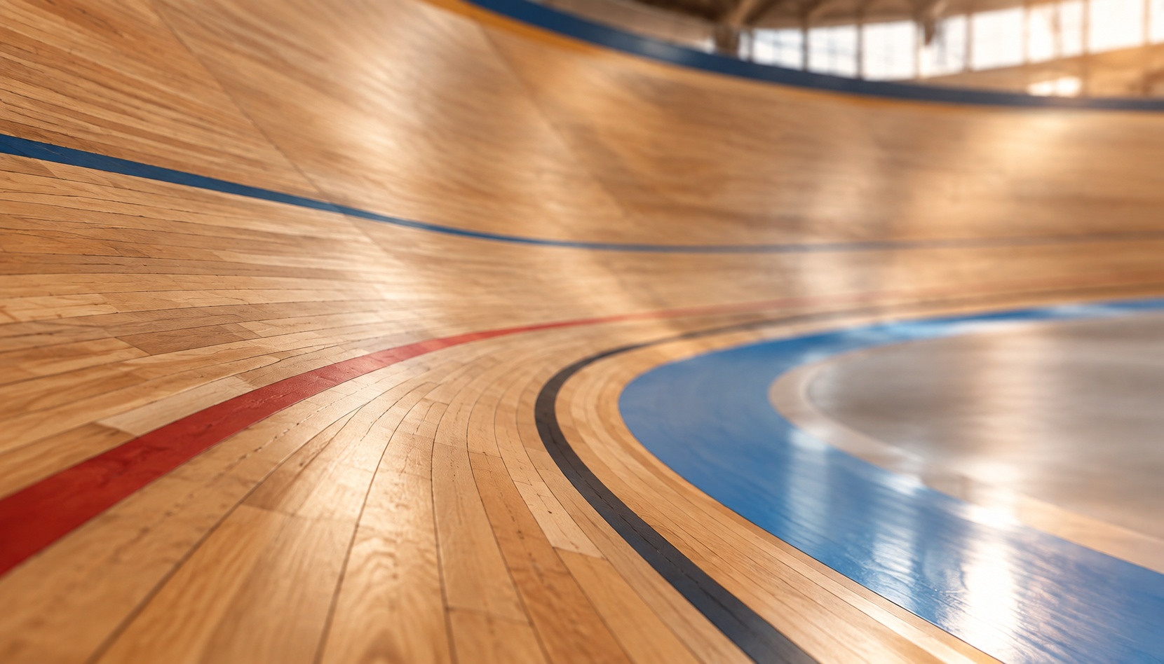 Curved wooden velodrome track section in soft focus, cycling sport and timber craft concept