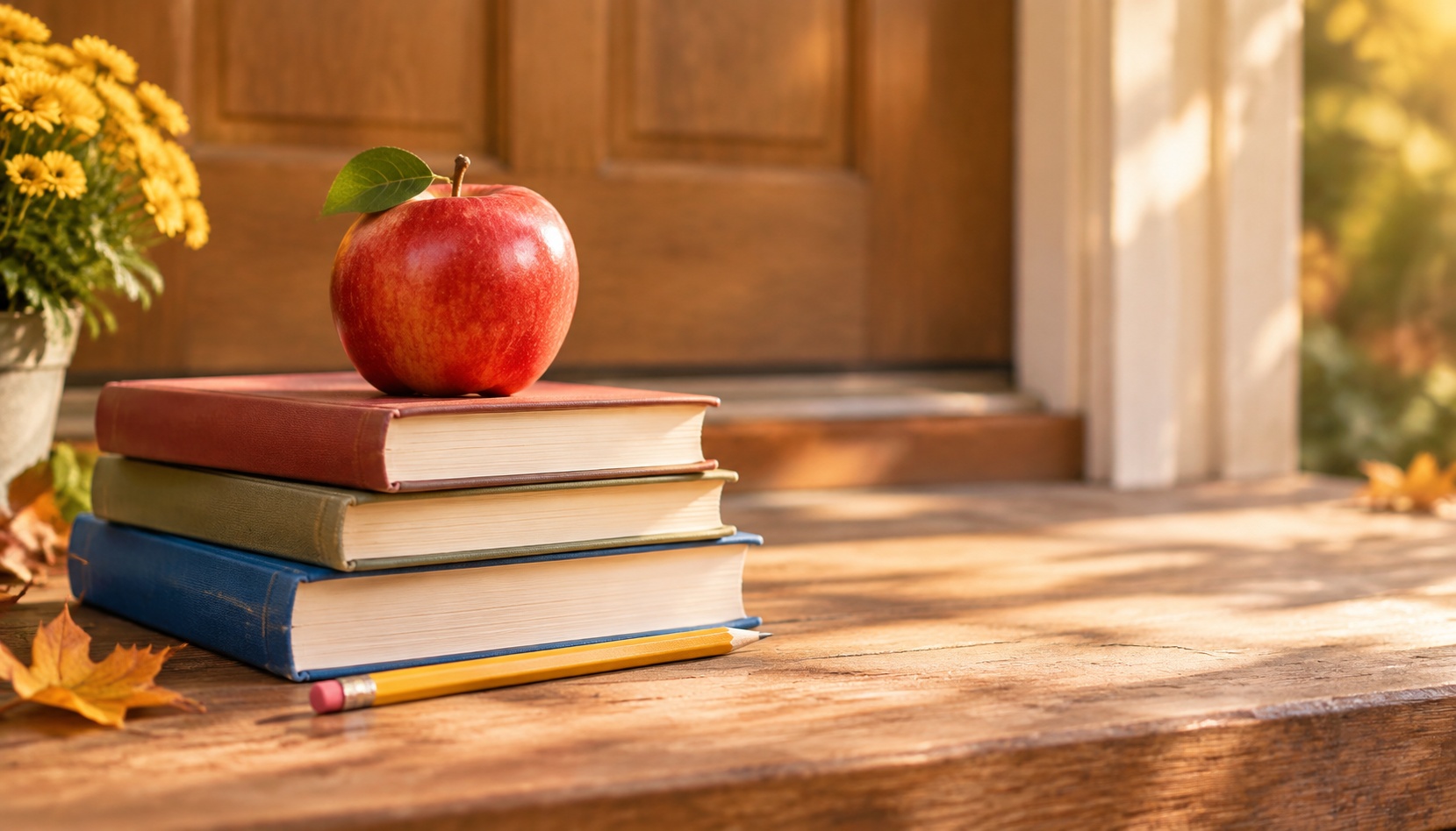 Apple on books with pencil on wooden doorstep, teacher appreciation and back to school education concept