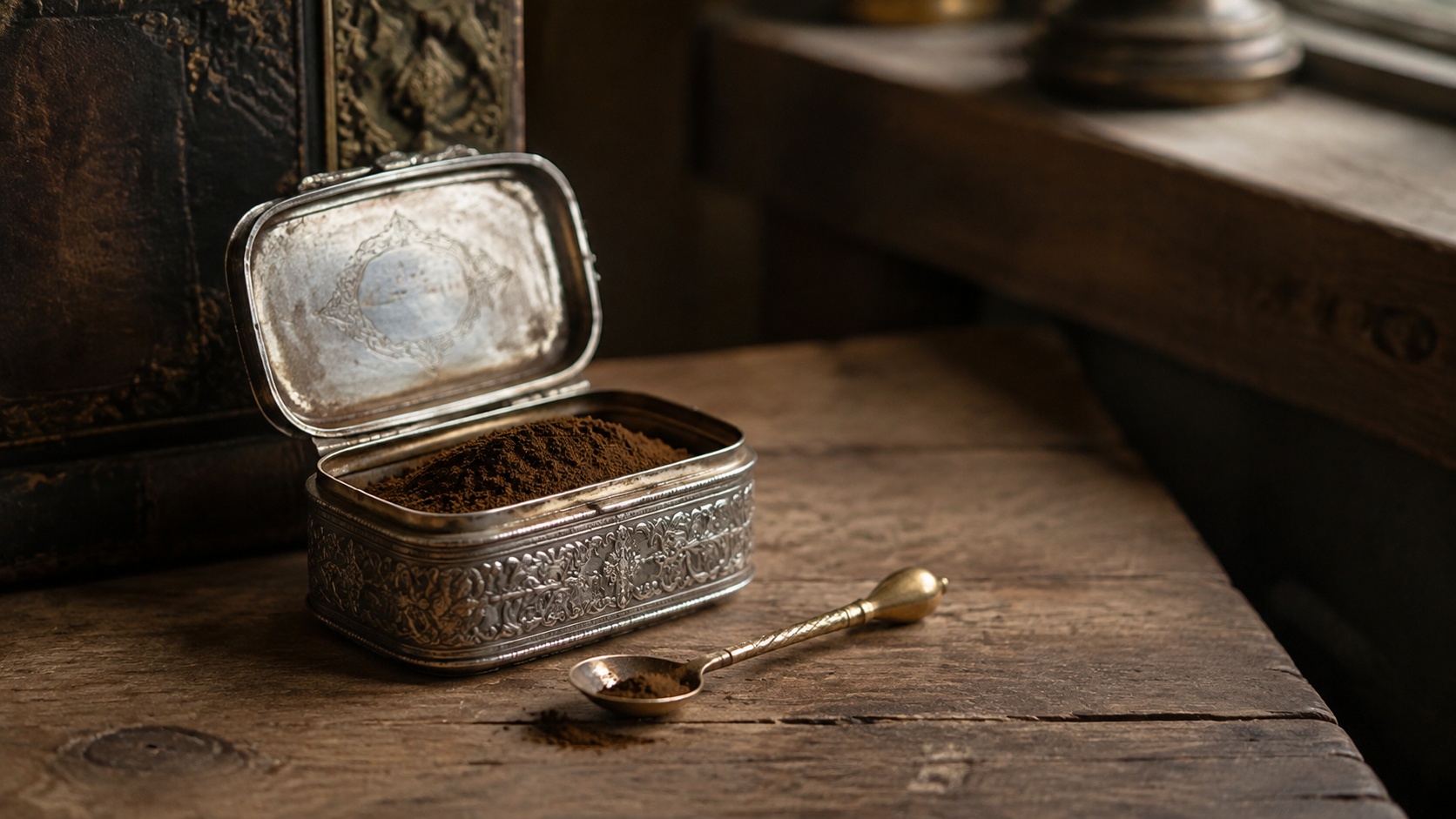 Antique silver snuffbox with powdered tobacco and brass spoon sample image