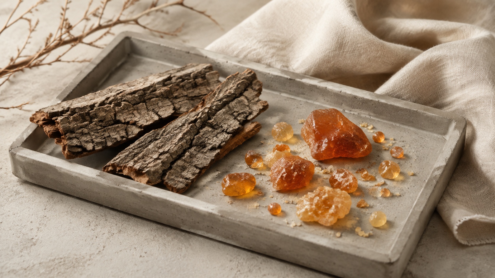 Raw amber resin and cracked desert tree bark on concrete tray with linen cloth, natural home care concept