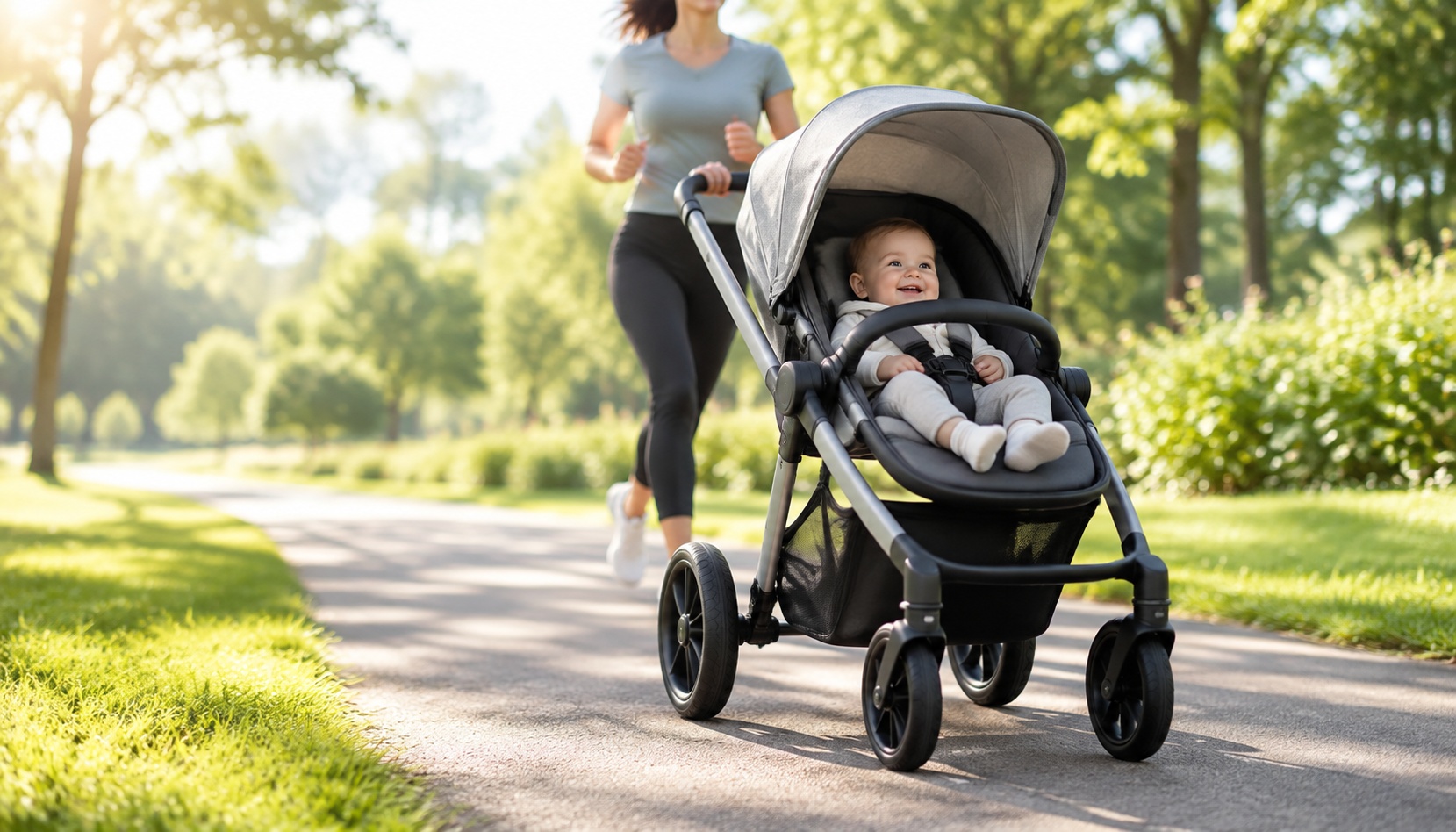 Modern stroller with grey frame and black wheels on sunlit park sample image