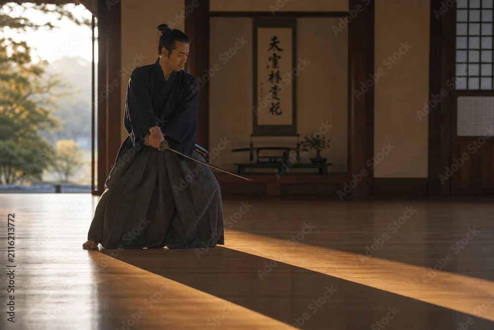 Swordsman practicing with both hands on a sword in a wooden dojo with a calligraphy scroll and long shadow