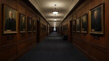 Long wood-paneled college corridor with portraits