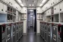 Modern airplane galley interior with meal carts