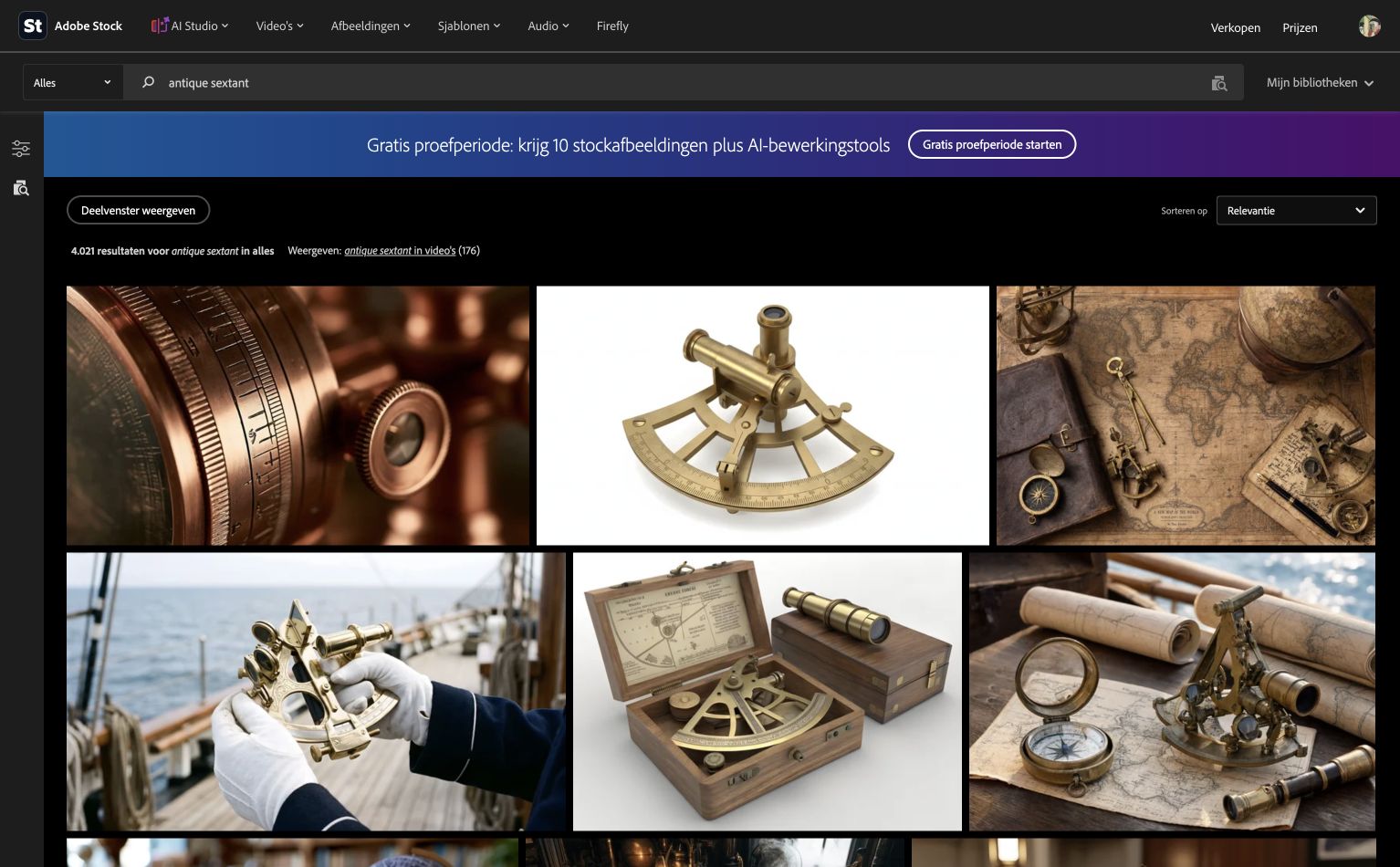 Adobe Stock 搜索 antique sextant 的真实结果页，共有 4021 条结果